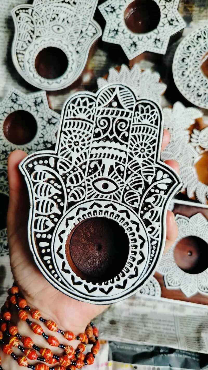 Dřevěné razítko - velká Hamsa ruka - symbol štěstí razítko/svícen (13 cm) - Obrázek 2